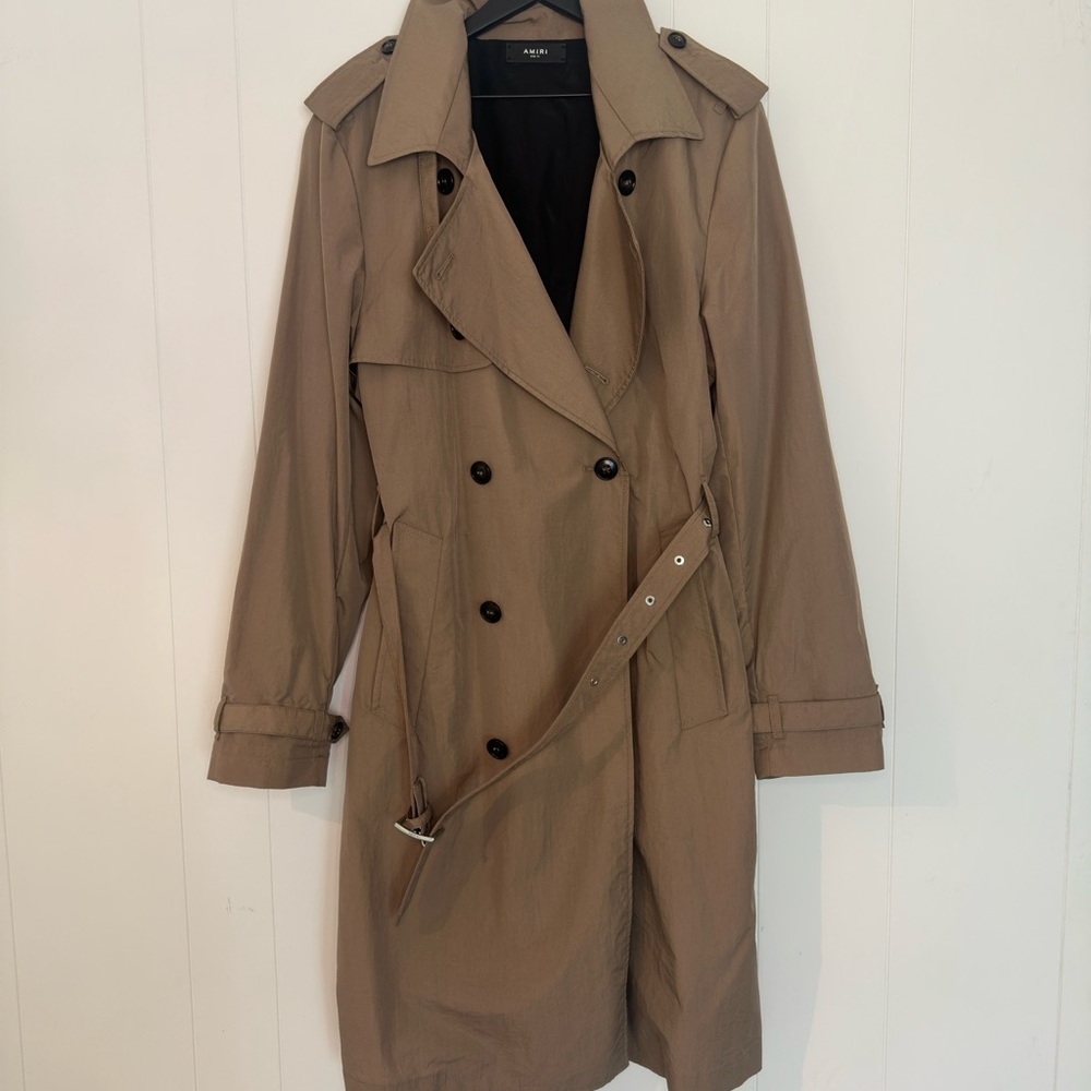 AMIRI Tan Trench Coat with Notched Collar and Belt